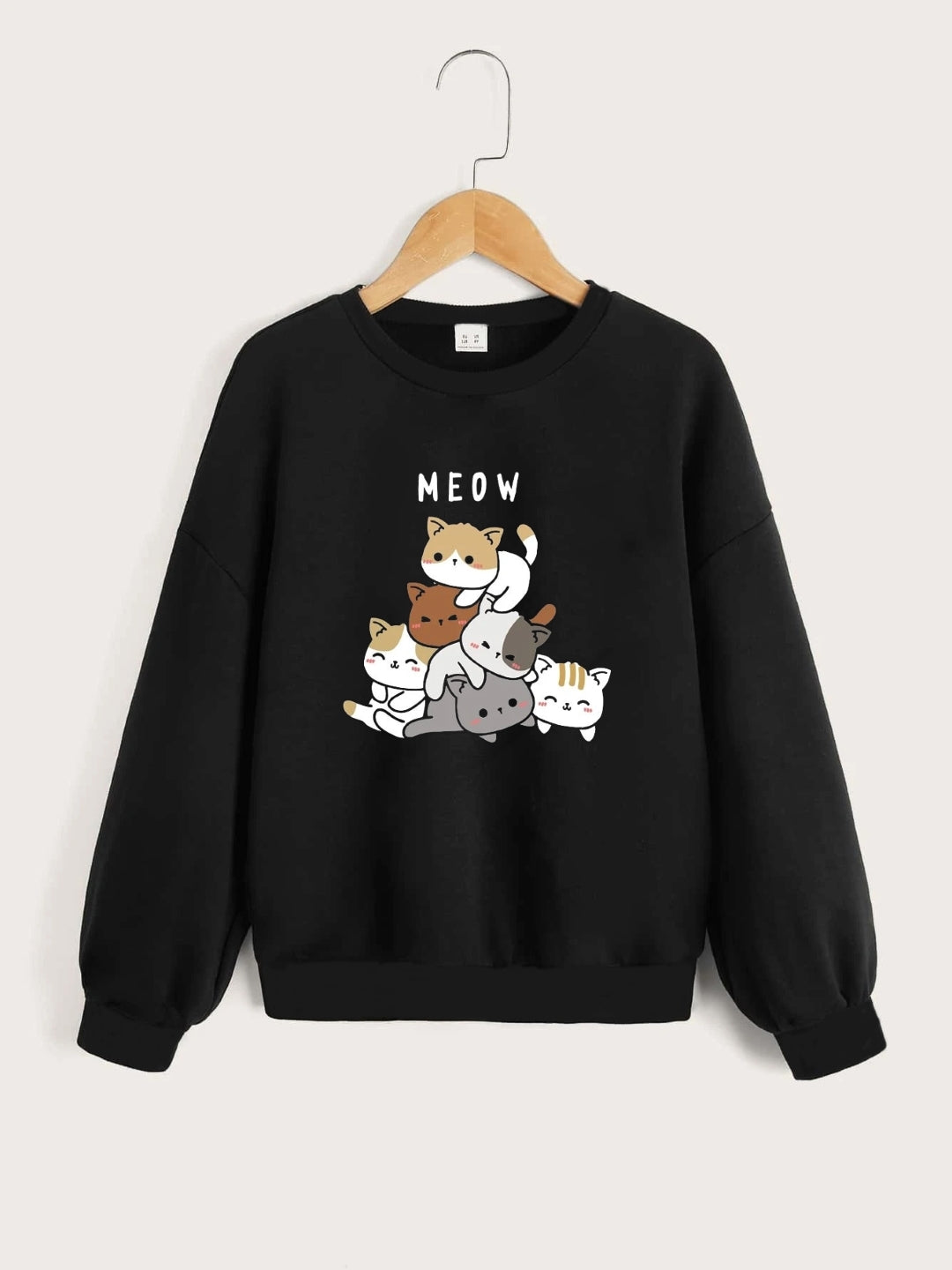 Black Round Neck Graphics Printed Long Sleeves Polyester Sweatshirt