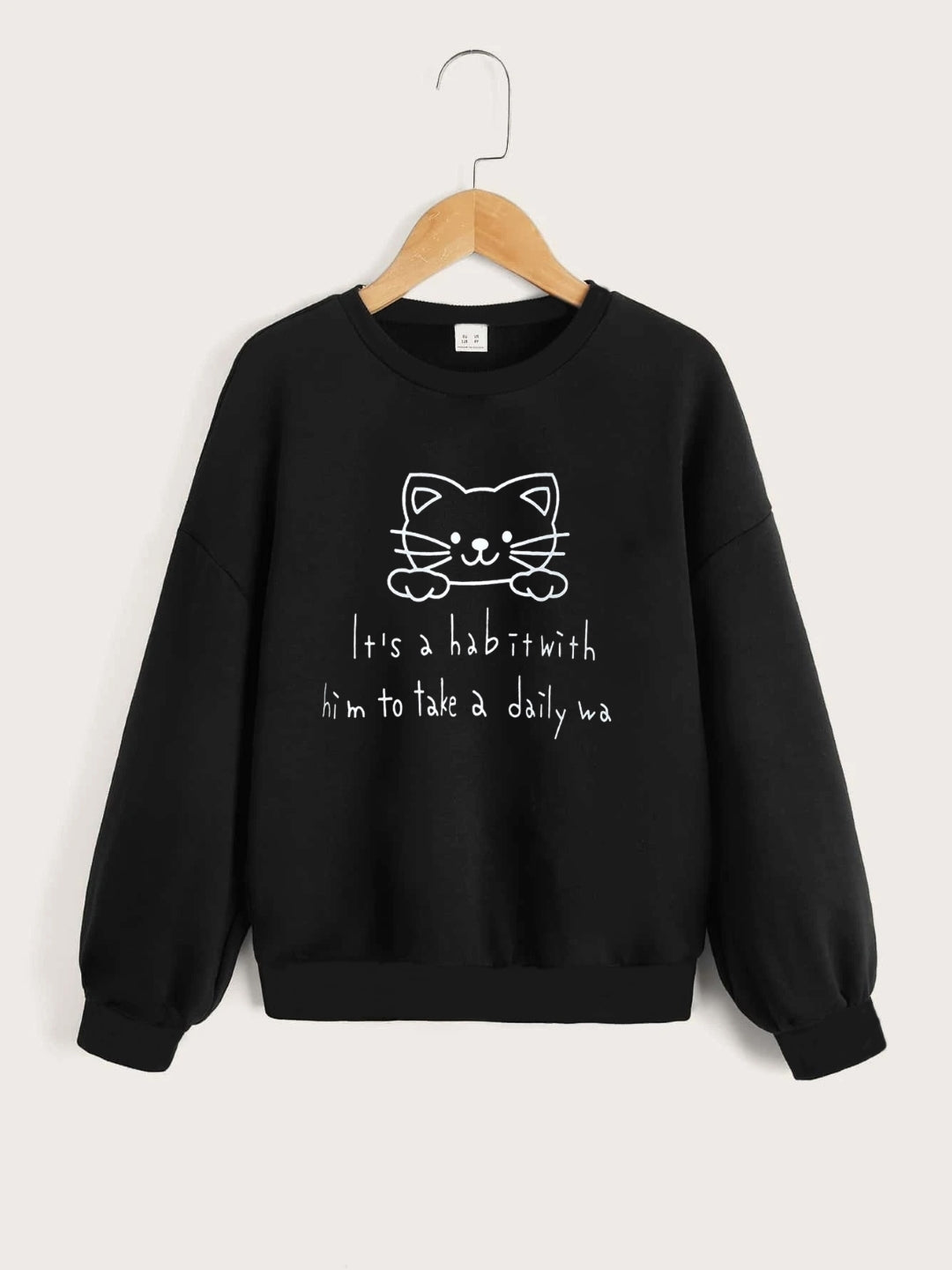 Black Round Neck Graphics Printed Long Sleeves Polyester Sweatshirt