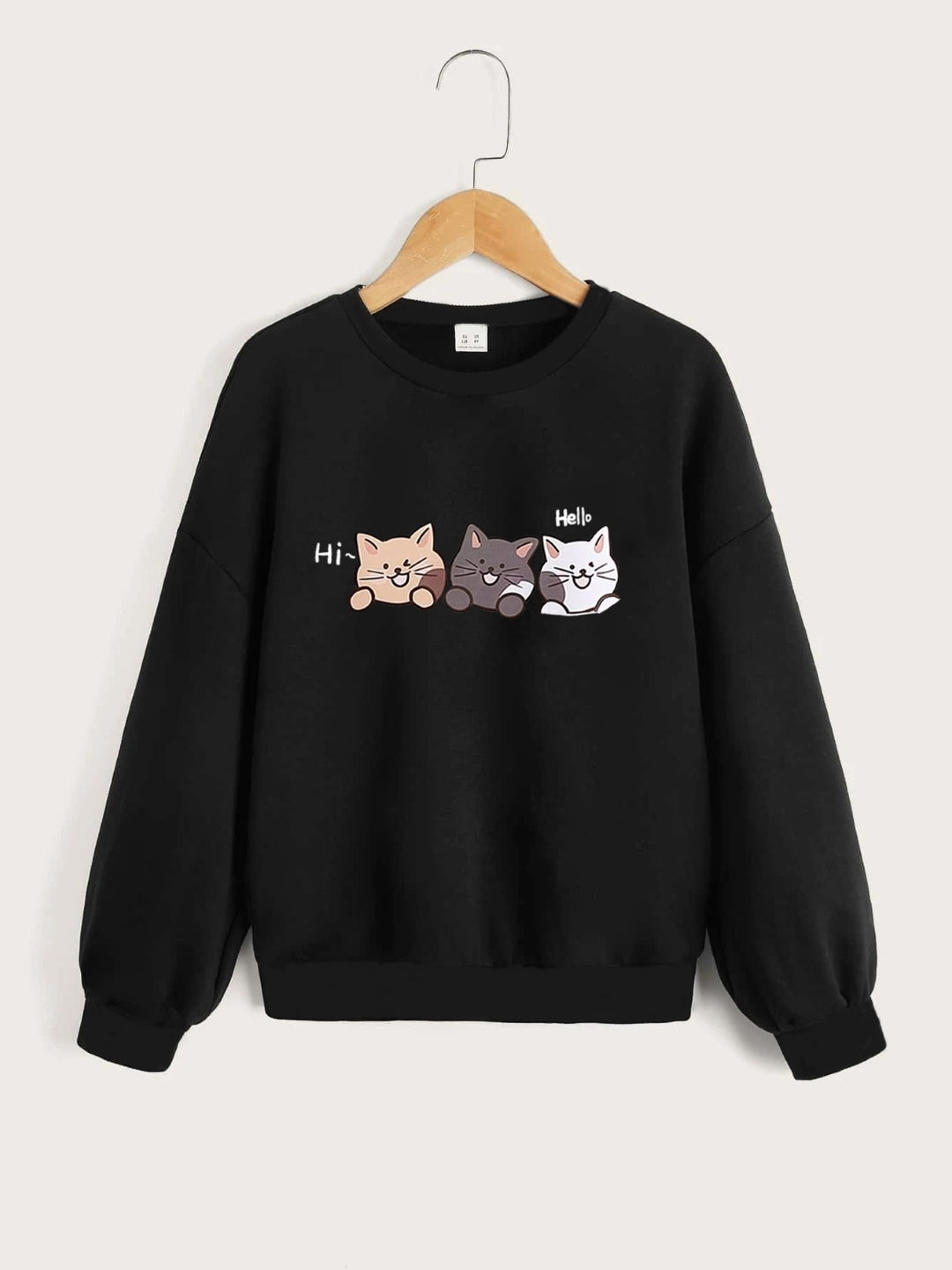 Black Round Neck Graphics Printed Long Sleeves Polyester Sweatshirt