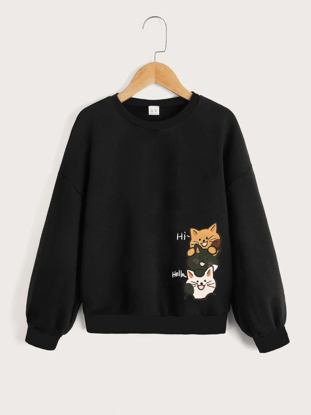 Black Round Neck Graphics Printed Long Sleeves Polyester Sweatshirt