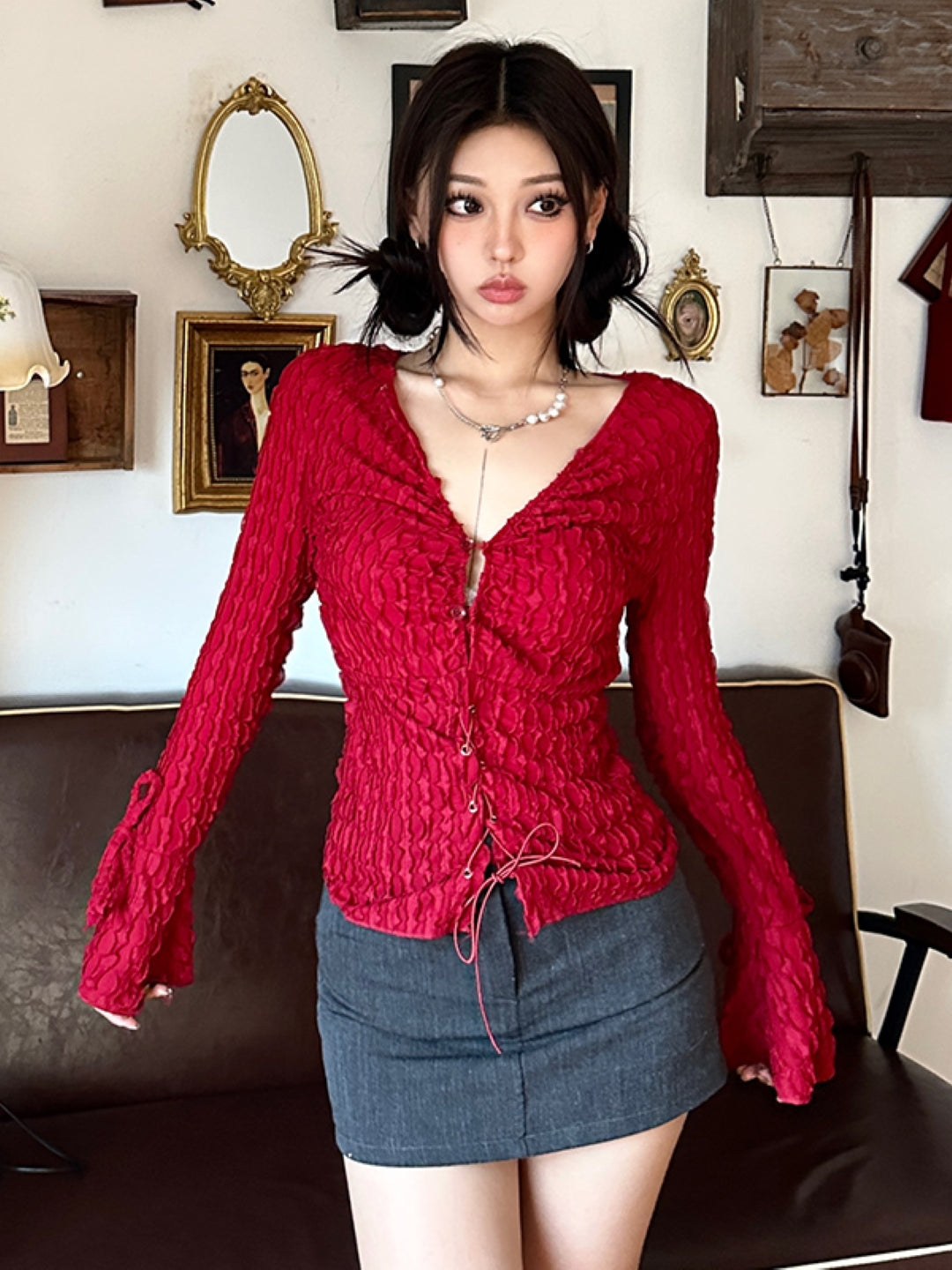 Burgundy V-Neck Long Sleeves Solid Cotton Top