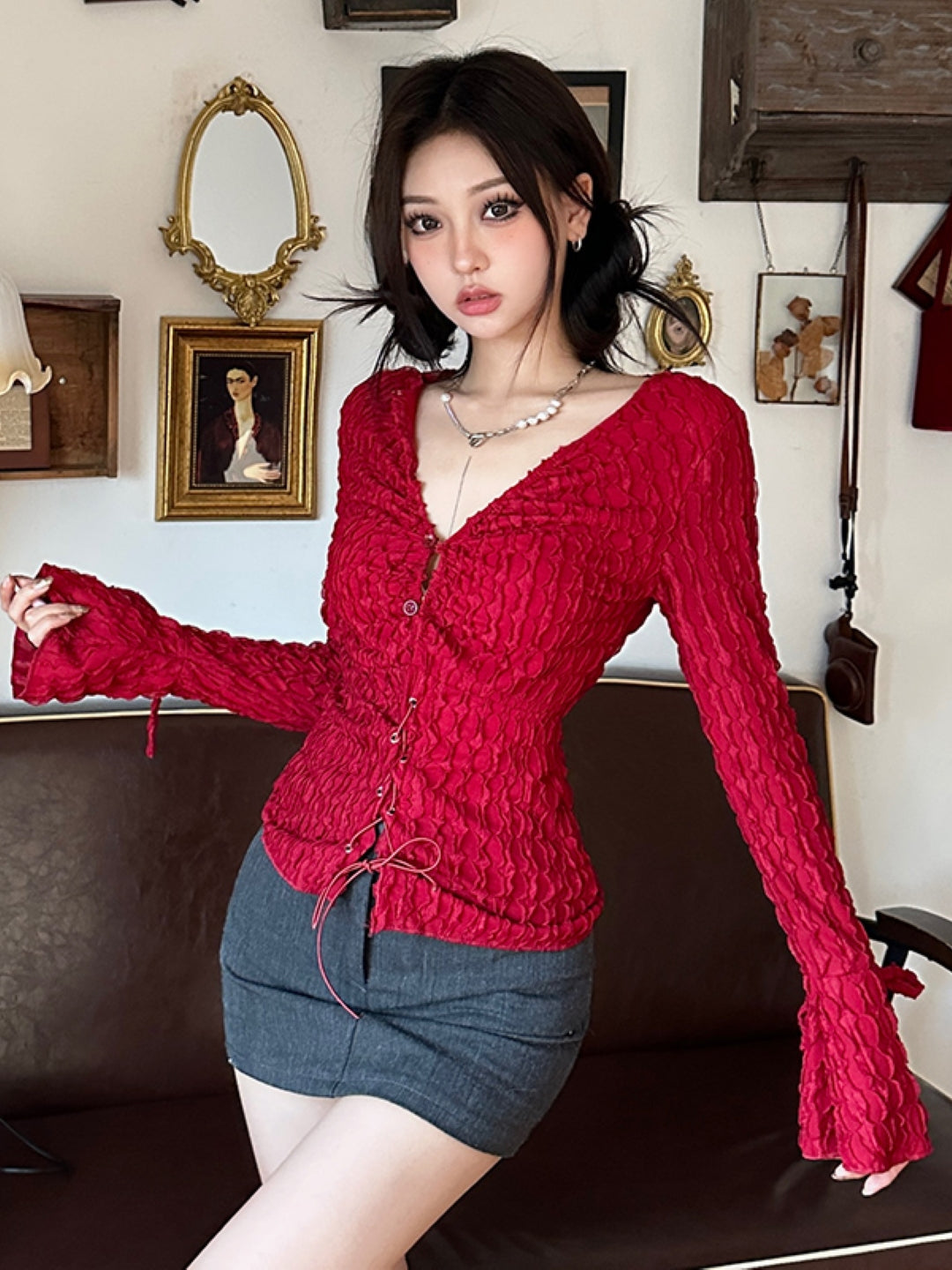 Burgundy V-Neck Long Sleeves Solid Cotton Top