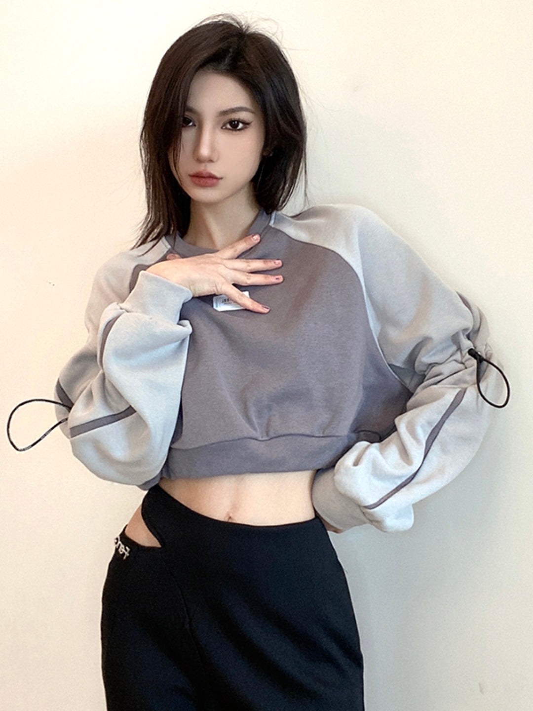 Grey Round Neck Long Sleeves Colourblocked Cotton Top