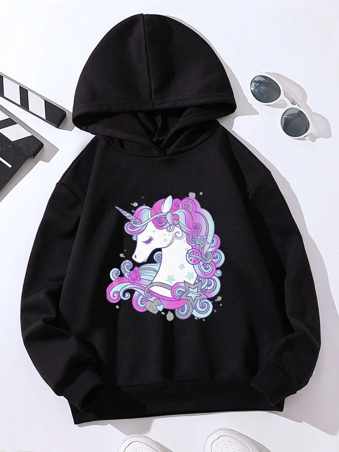 Black Graphics Printed Long Sleeves Polyester Hoodie