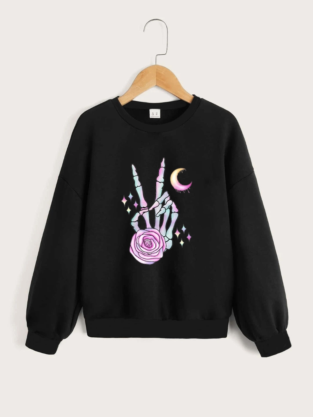 Black Round Neck Graphics Printed Long Sleeves Polyester Sweatshirt