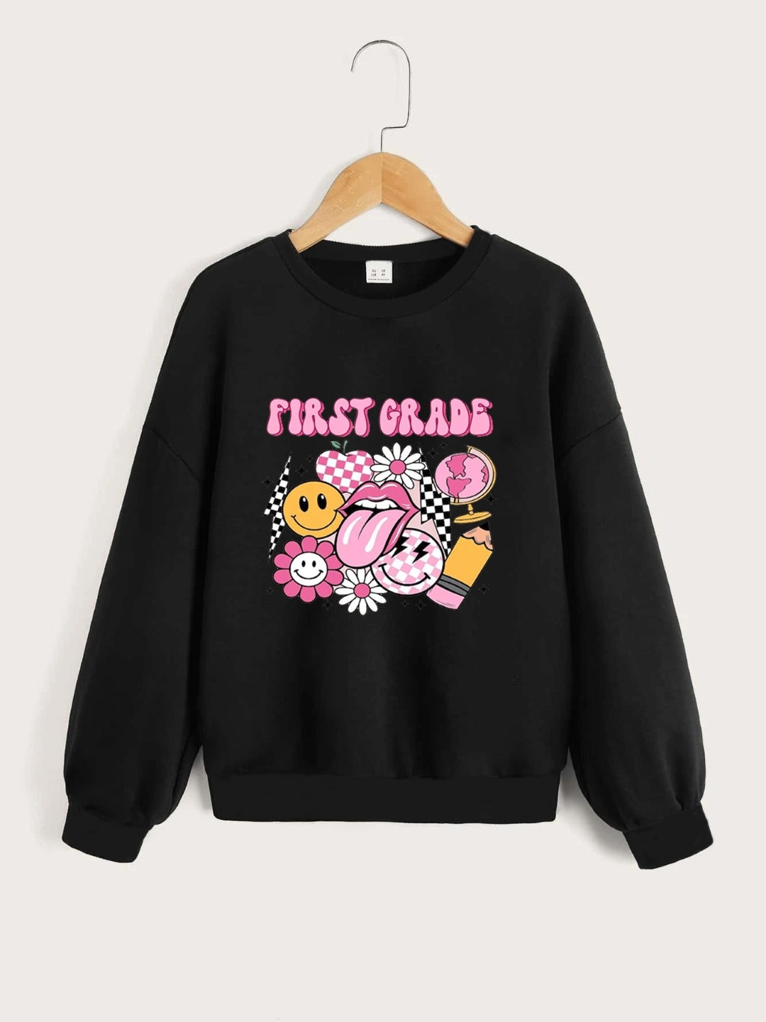 Black Round Neck Graphics Printed Long Sleeves Polyester Sweatshirt