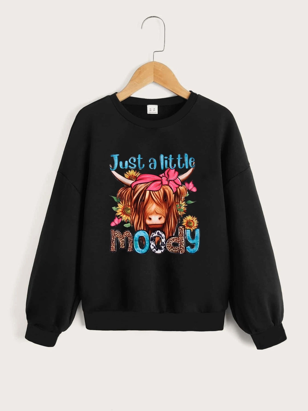 Black Round Neck Graphics Printed Long Sleeves Polyester Sweatshirt