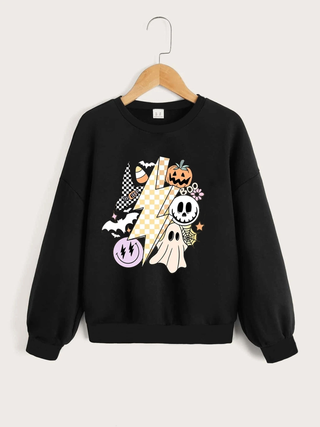 Black Round Neck Graphics Printed Long Sleeves Polyester Sweatshirt