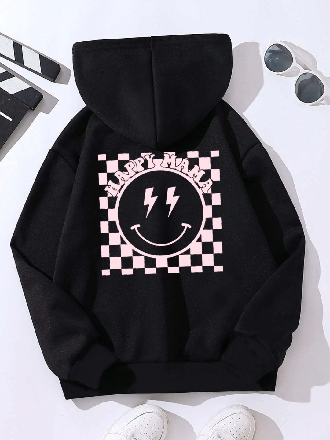 Black Graphics Printed Long Sleeves Polyester Hoodie