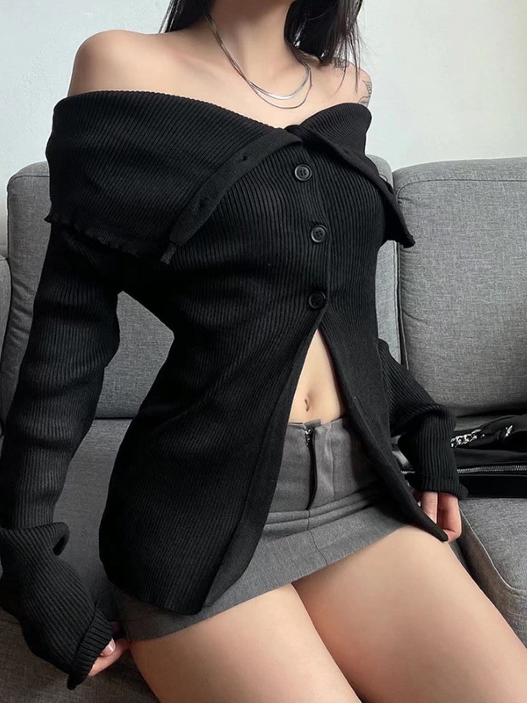 Black Off-Shoulder Long Sleeves Solid Longline Front-Open Nylon Sweater