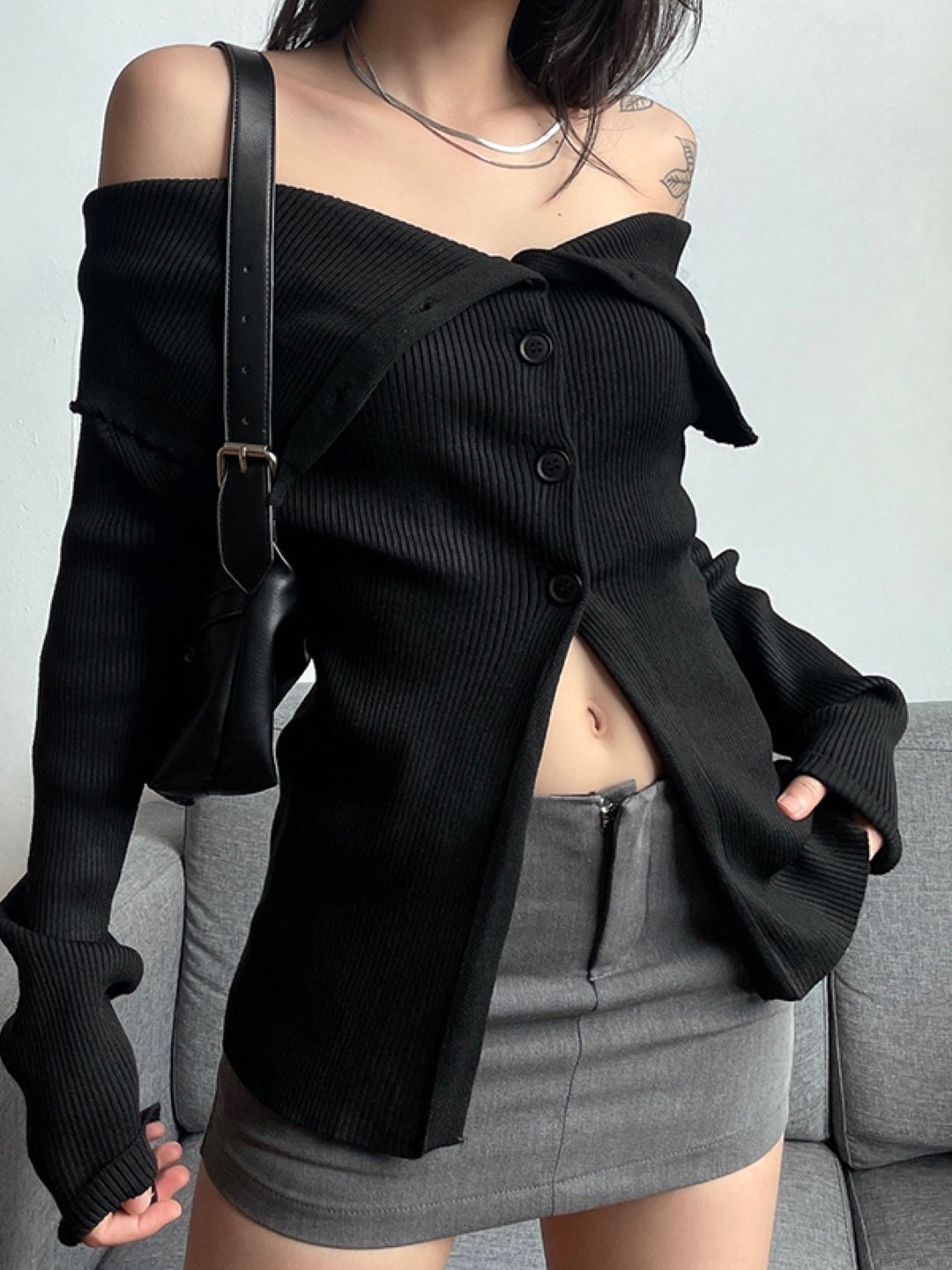 Black Off-Shoulder Long Sleeves Solid Longline Front-Open Nylon Sweater