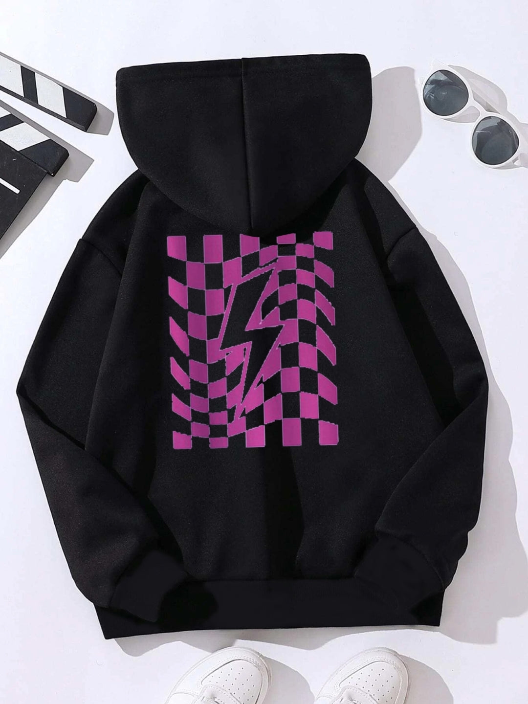 Black Graphics Printed Long Sleeves Polyester Hoodie