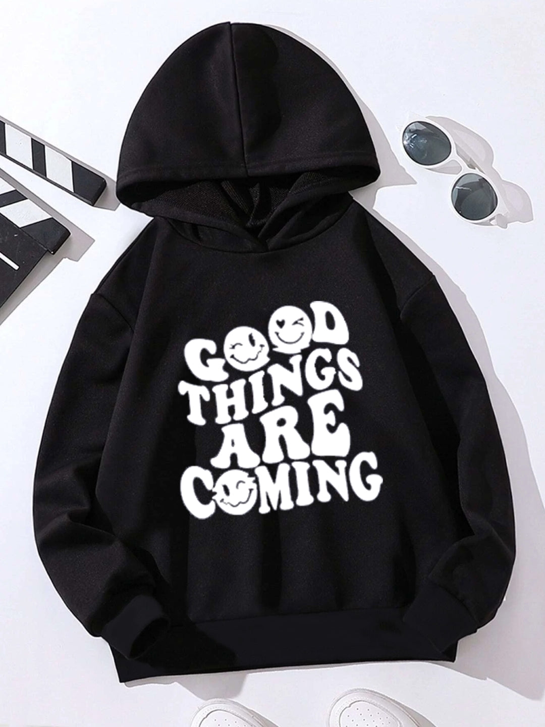 Black Graphics Printed Long Sleeves Polyester Hoodie