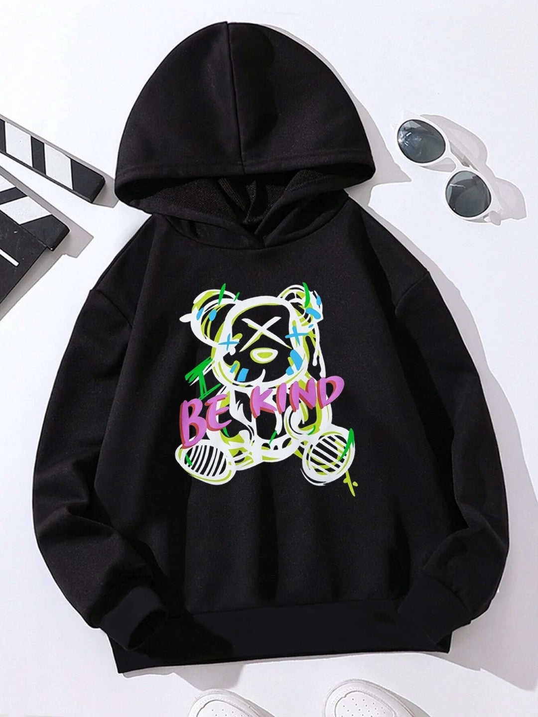 Black Graphics Printed Long Sleeves Polyester Hoodie