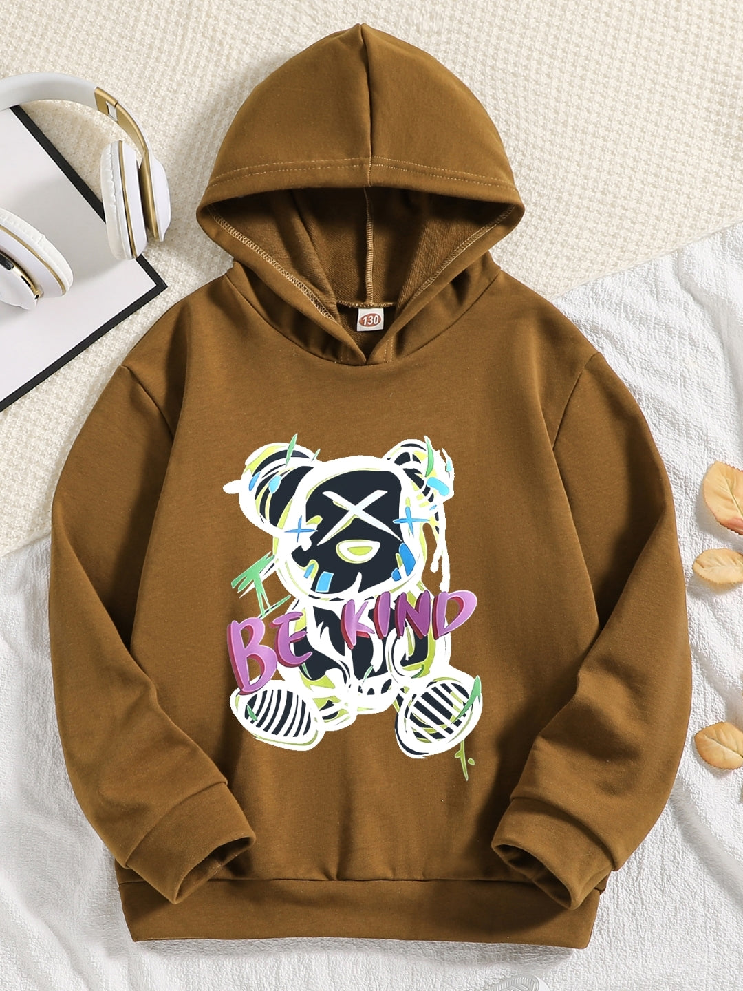 Brown Graphics Printed Long Sleeves Polyester Hoodie