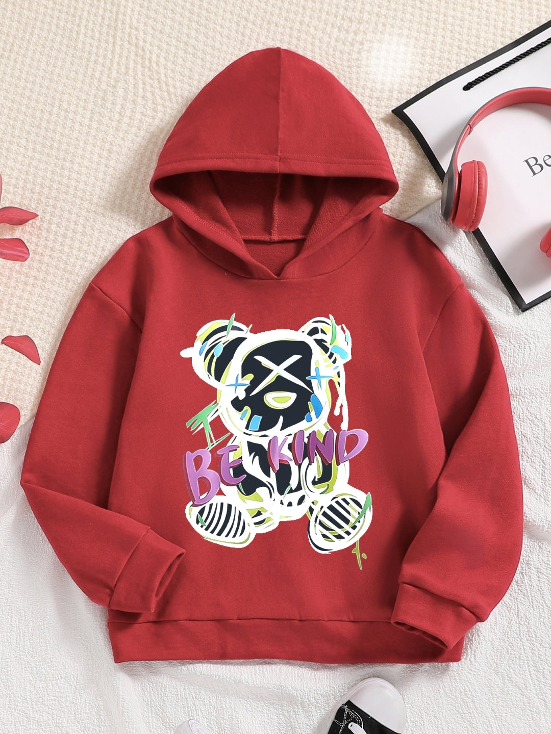 Red Graphics Printed Long Sleeves Polyester Hoodie