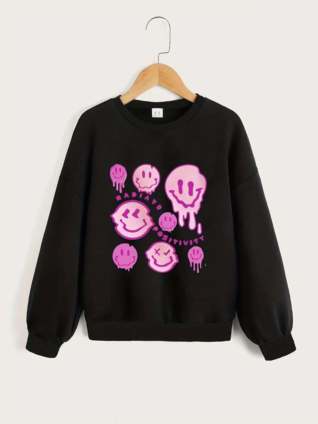 Black Round Neck Graphics Printed Long Sleeves Polyester Sweatshirt