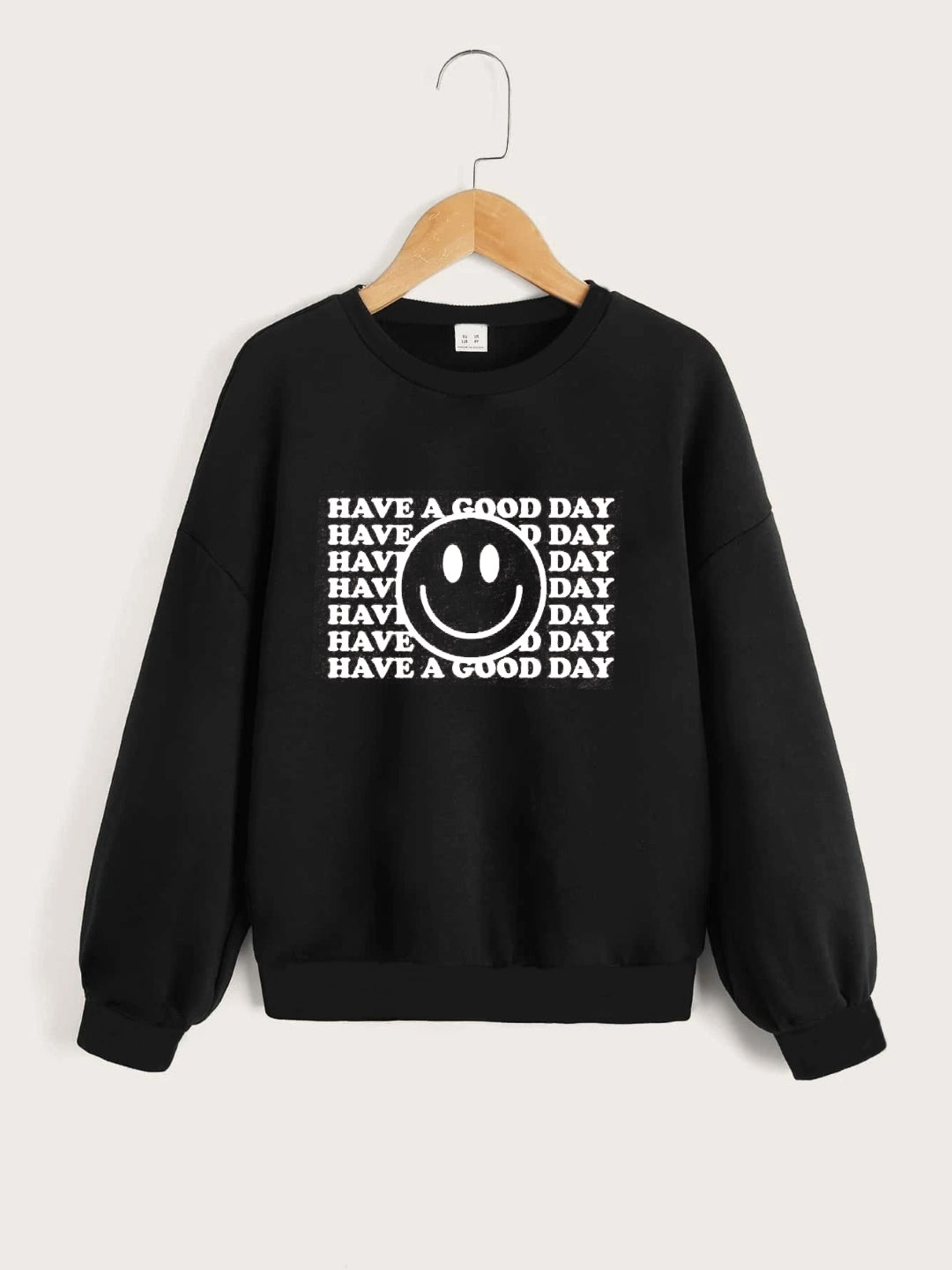 Black Round Neck Graphics Printed Long Sleeves Polyester Sweatshirt