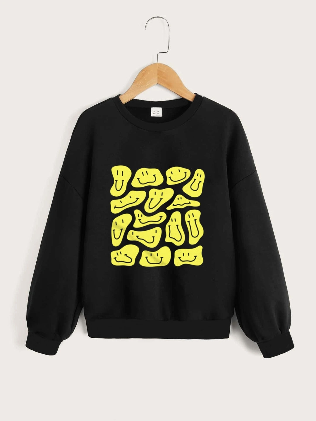 Black Round Neck Graphics Printed Long Sleeves Polyester Sweatshirt