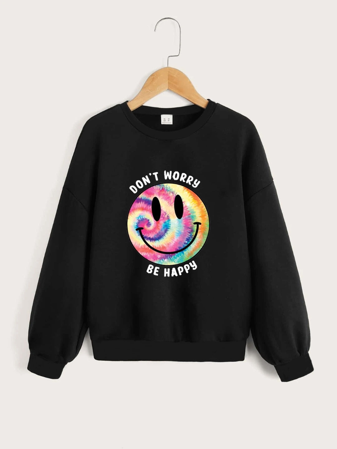 Black Round Neck Graphics Printed Long Sleeves Polyester Sweatshirt