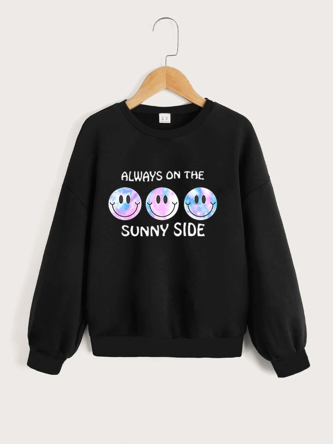 Black Round Neck Graphics Printed Long Sleeves Polyester Sweatshirt