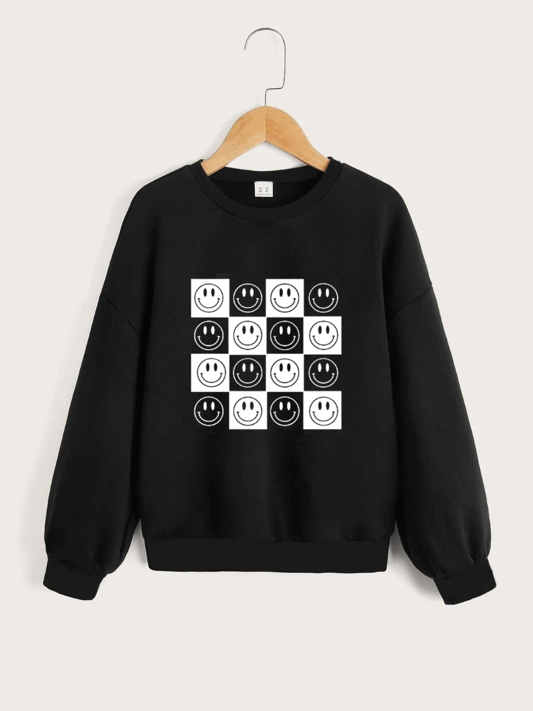 Black Round Neck Graphics Printed Long Sleeves Polyester Sweatshirt