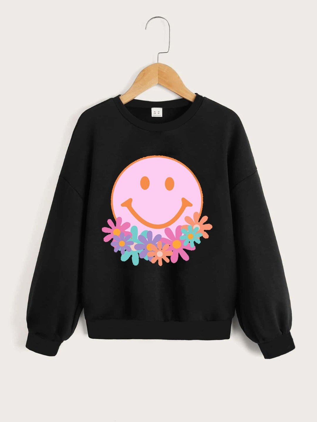 Black Round Neck Graphics Printed Long Sleeves Polyester Sweatshirt