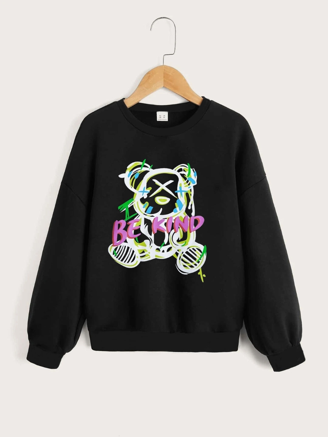 Black Round Neck Graphics Printed Long Sleeves Polyester Sweatshirt