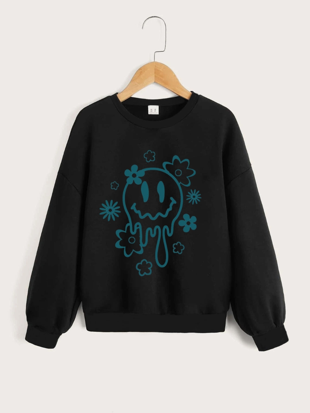 Black Round Neck Graphics Printed Long Sleeves Polyester Sweatshirt