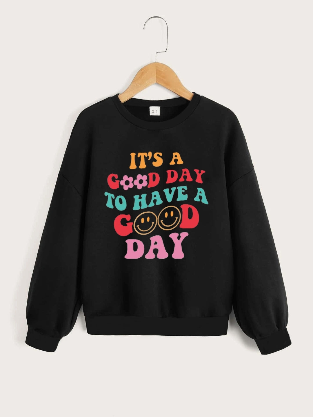 Black Round Neck Graphics Printed Long Sleeves Polyester Sweatshirt