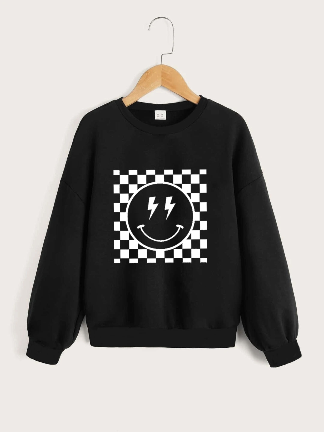 Black Round Neck Graphics Printed Long Sleeves Polyester Sweatshirt