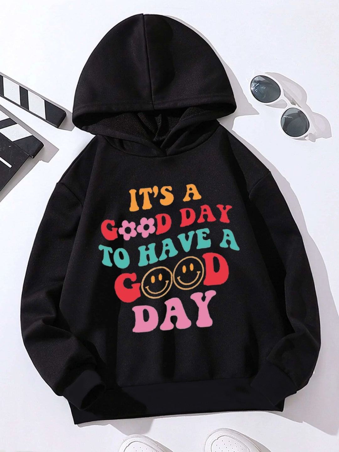 Black Graphics Printed Long Sleeves Polyester Hoodie