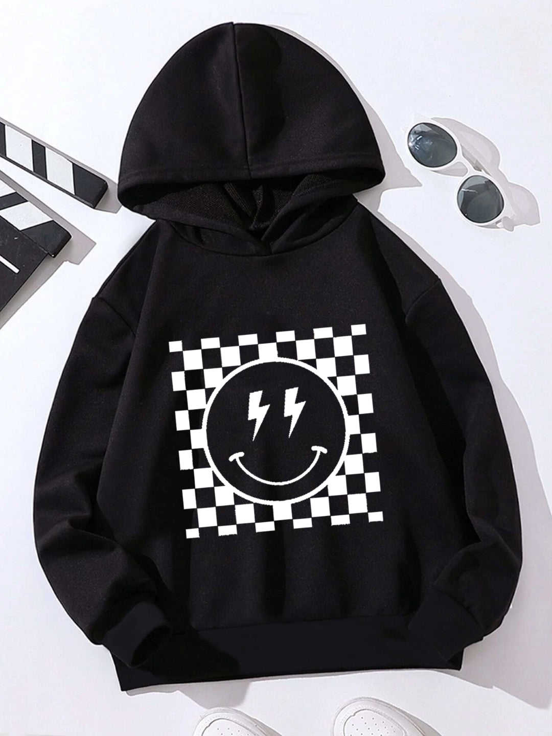 Black Graphics Printed Long Sleeves Polyester Hoodie