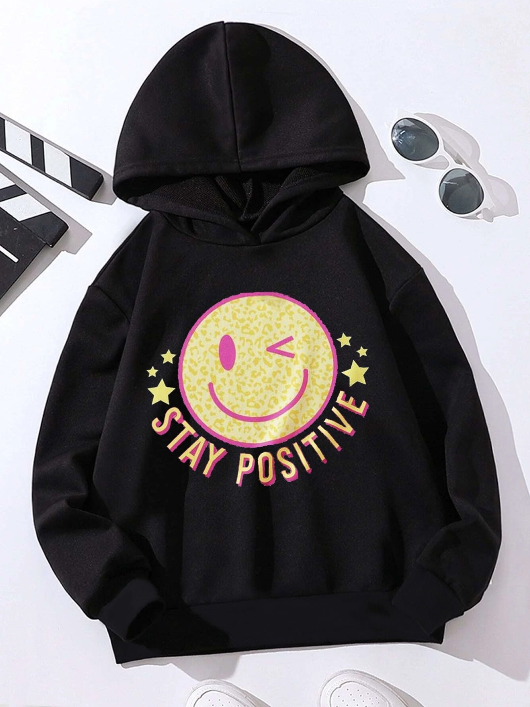 Black Graphics Printed Long Sleeves Polyester Hoodie