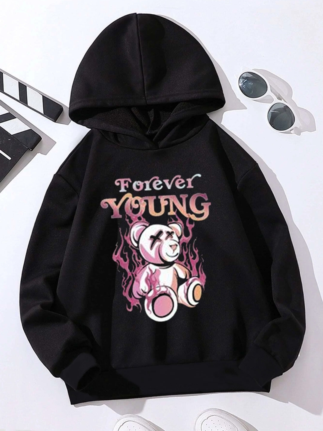 Black Graphics Printed Long Sleeves Polyester Hoodie