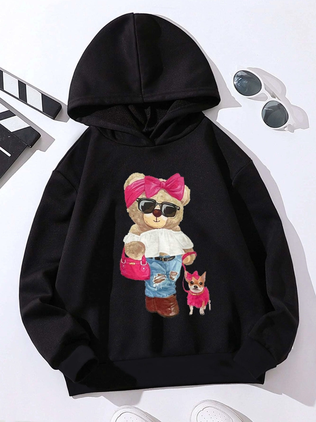 Black Graphics Printed Long Sleeves Polyester Hoodie