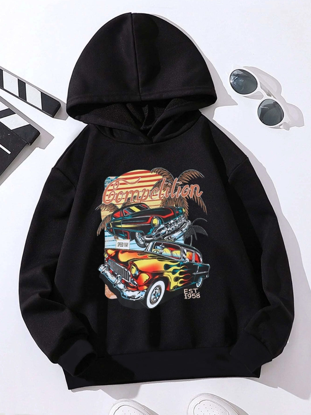 Black Graphics Printed Long Sleeves Polyester Hoodie