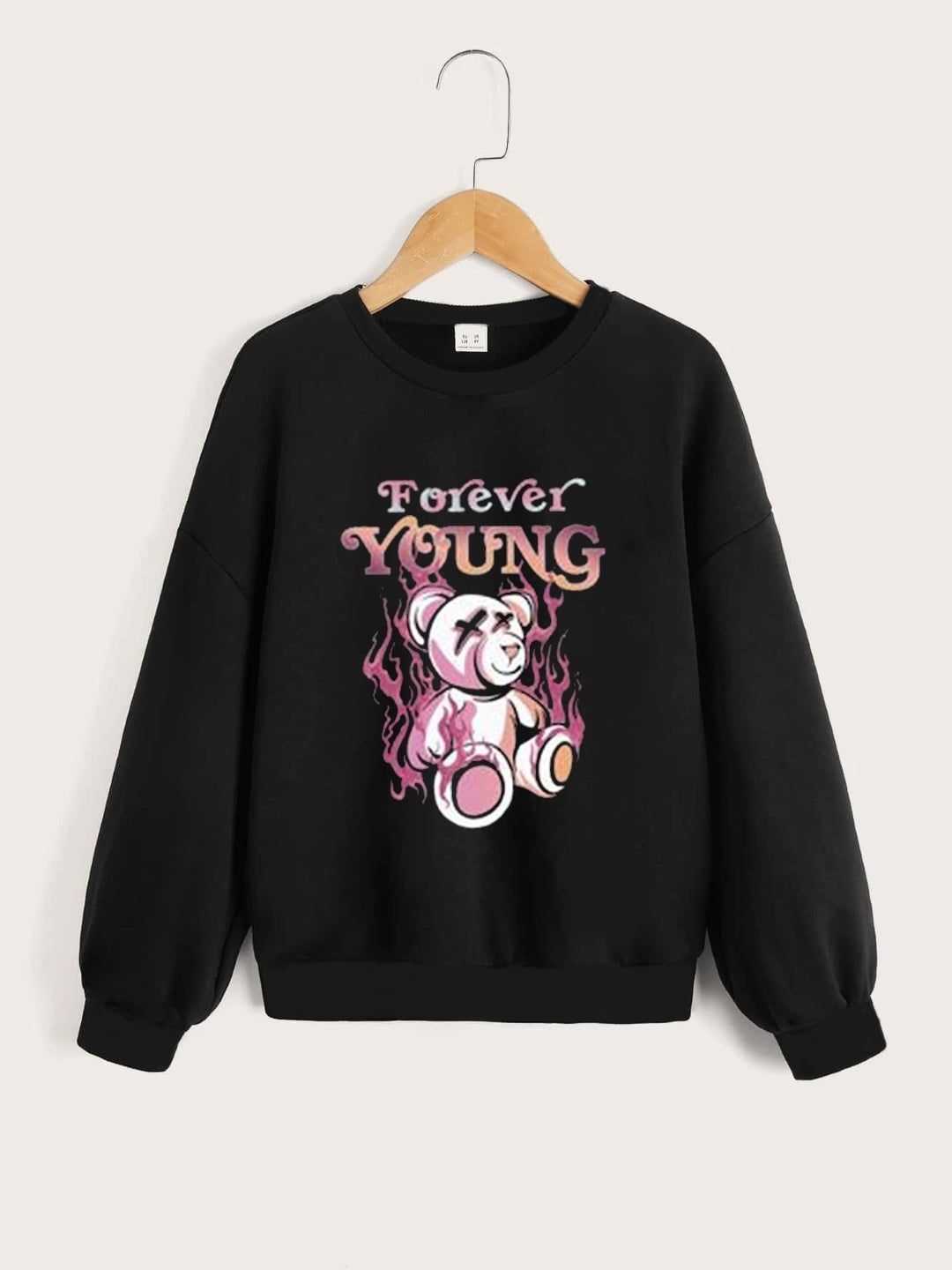 Black Round Neck Graphics Printed Long Sleeves Polyester Sweatshirt