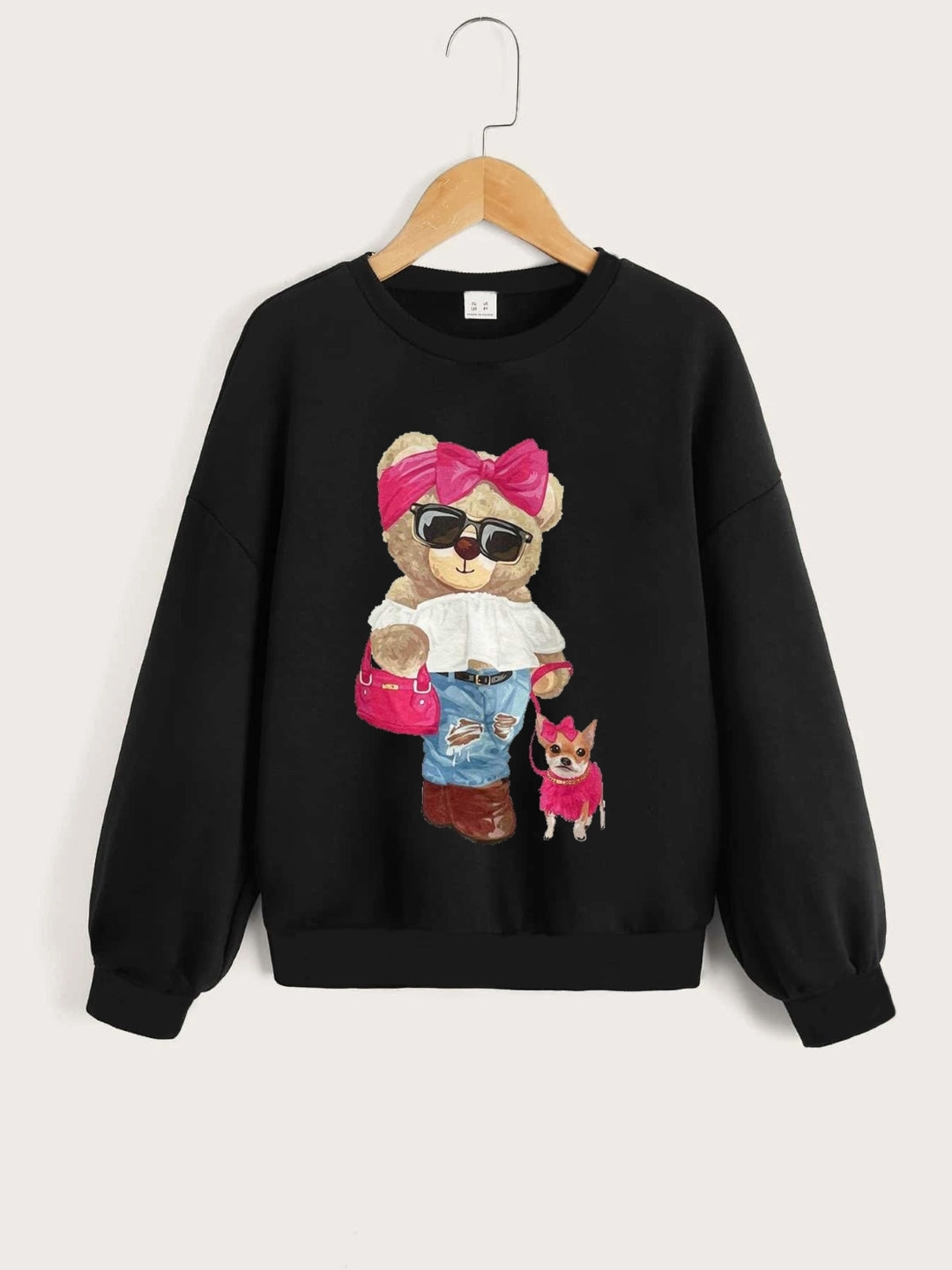 Black Round Neck Graphics Printed Long Sleeves Polyester Sweatshirt