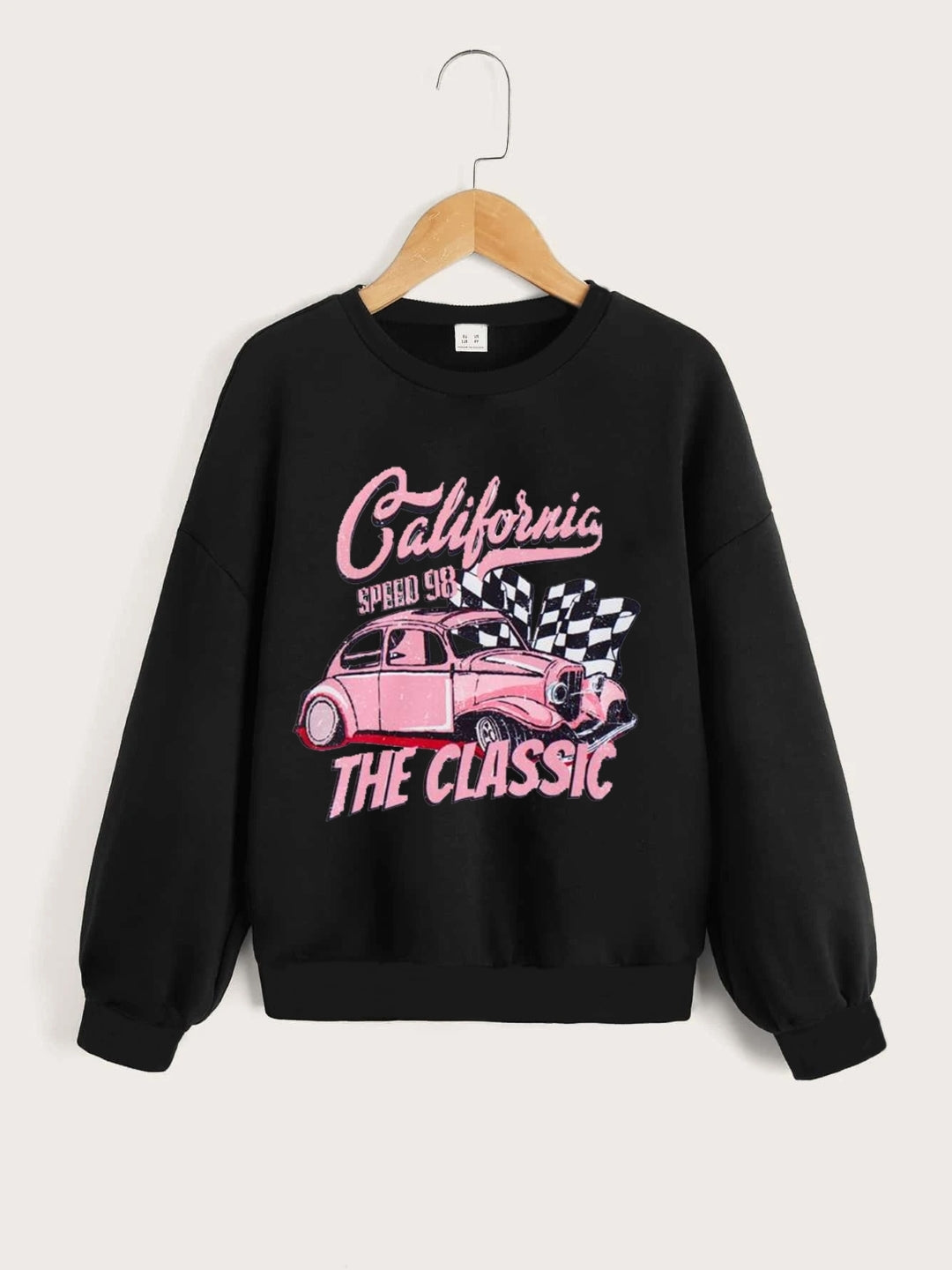 Black Round Neck Graphics Printed Long Sleeves Polyester Sweatshirt