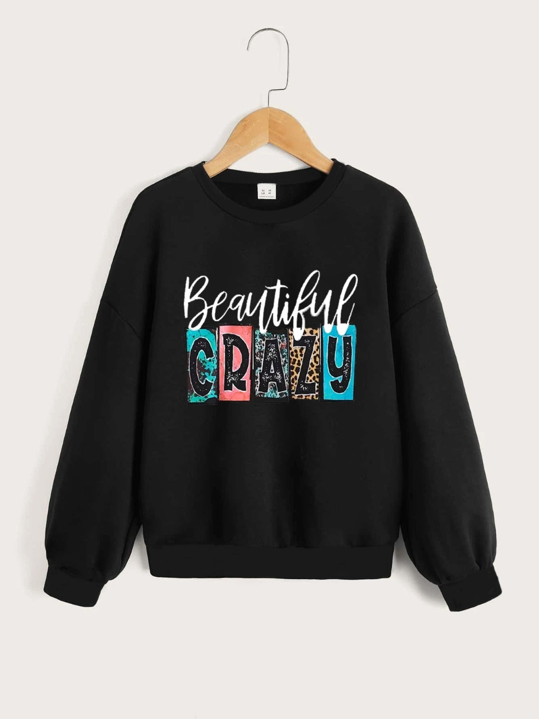 Black Round Neck Graphics Printed Long Sleeves Polyester Sweatshirt