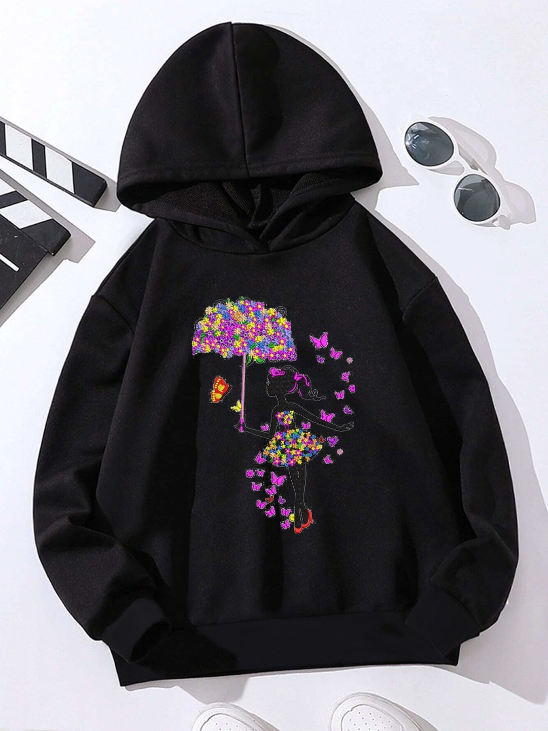 Black Graphics Printed Long Sleeves Polyester Hoodie