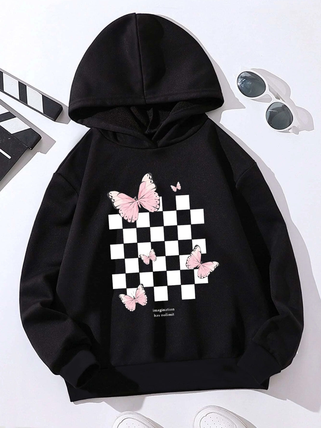 Black Graphics Printed Long Sleeves Polyester Hoodie