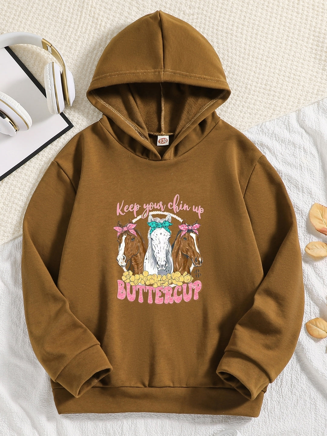 Brown Graphics Printed Long Sleeves Polyester Hoodie