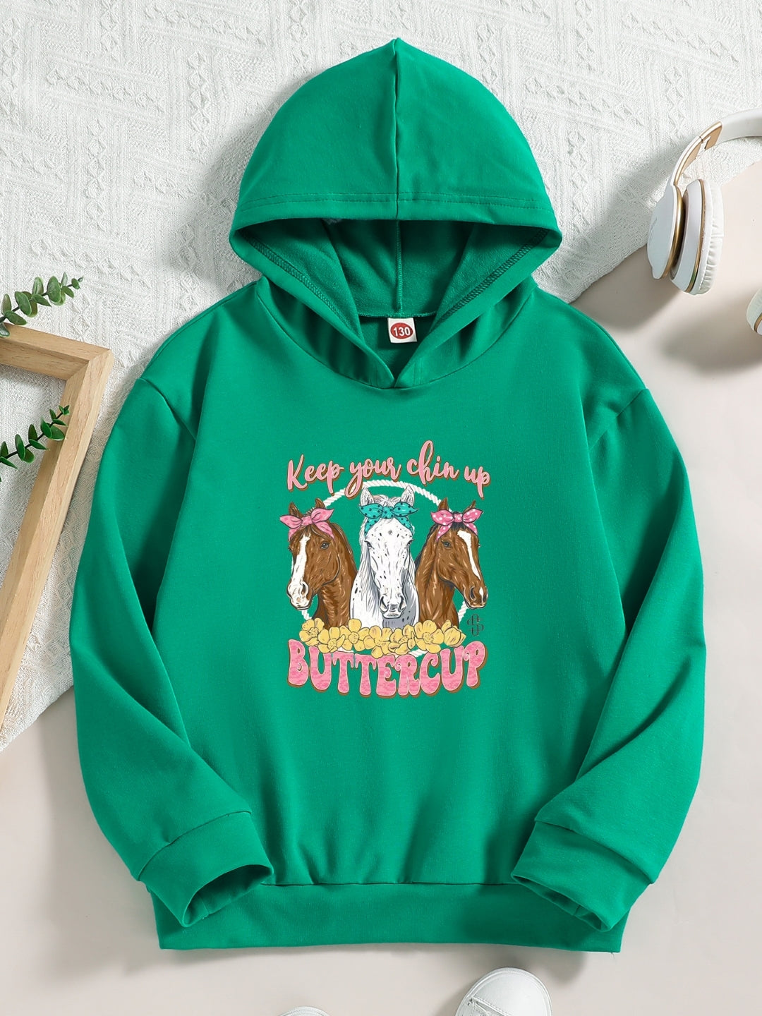 Green Graphics Printed Long Sleeves Polyester Hoodie