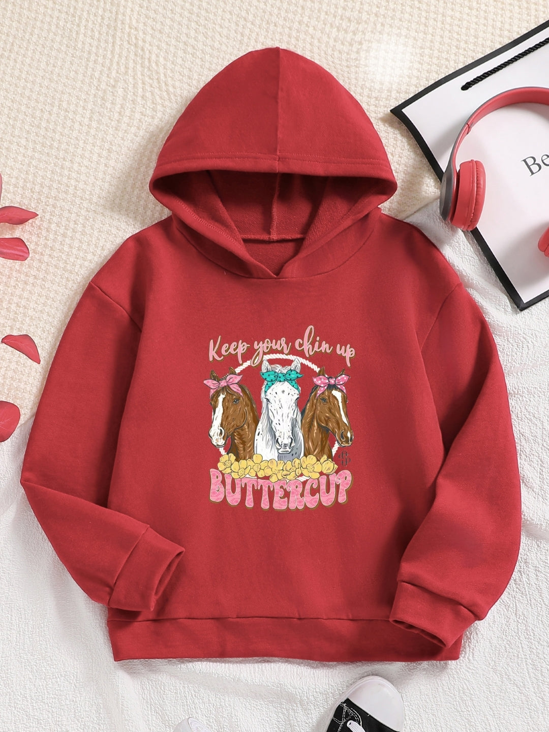 Red Graphics Printed Long Sleeves Polyester Hoodie