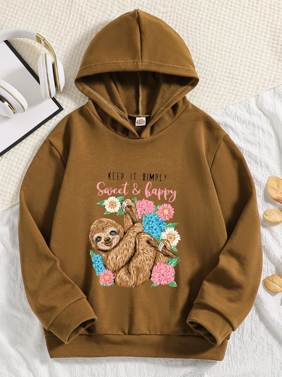 Brown Graphics Printed Long Sleeves Polyester Hoodie