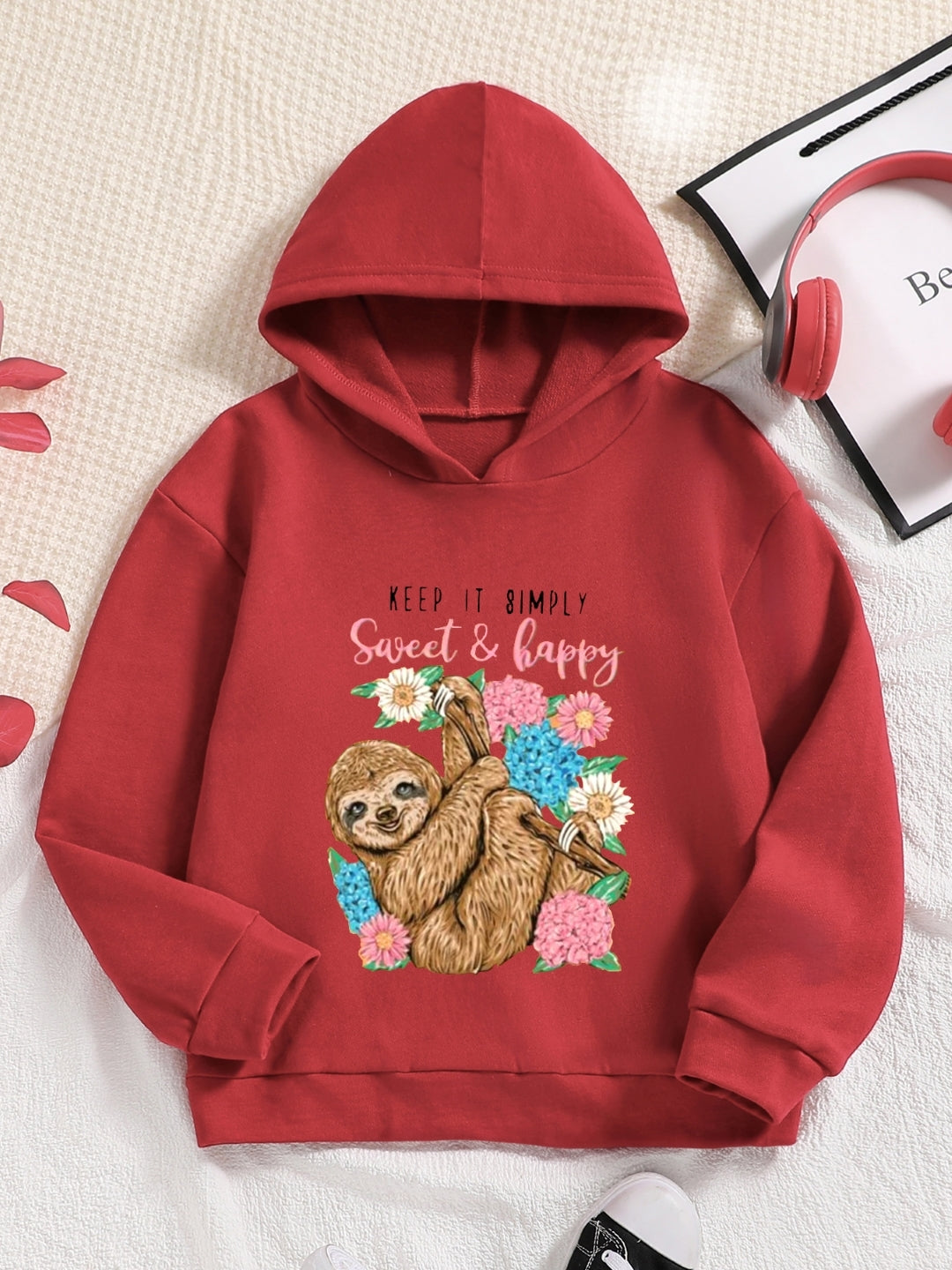 Red Graphics Printed Long Sleeves Polyester Hoodie