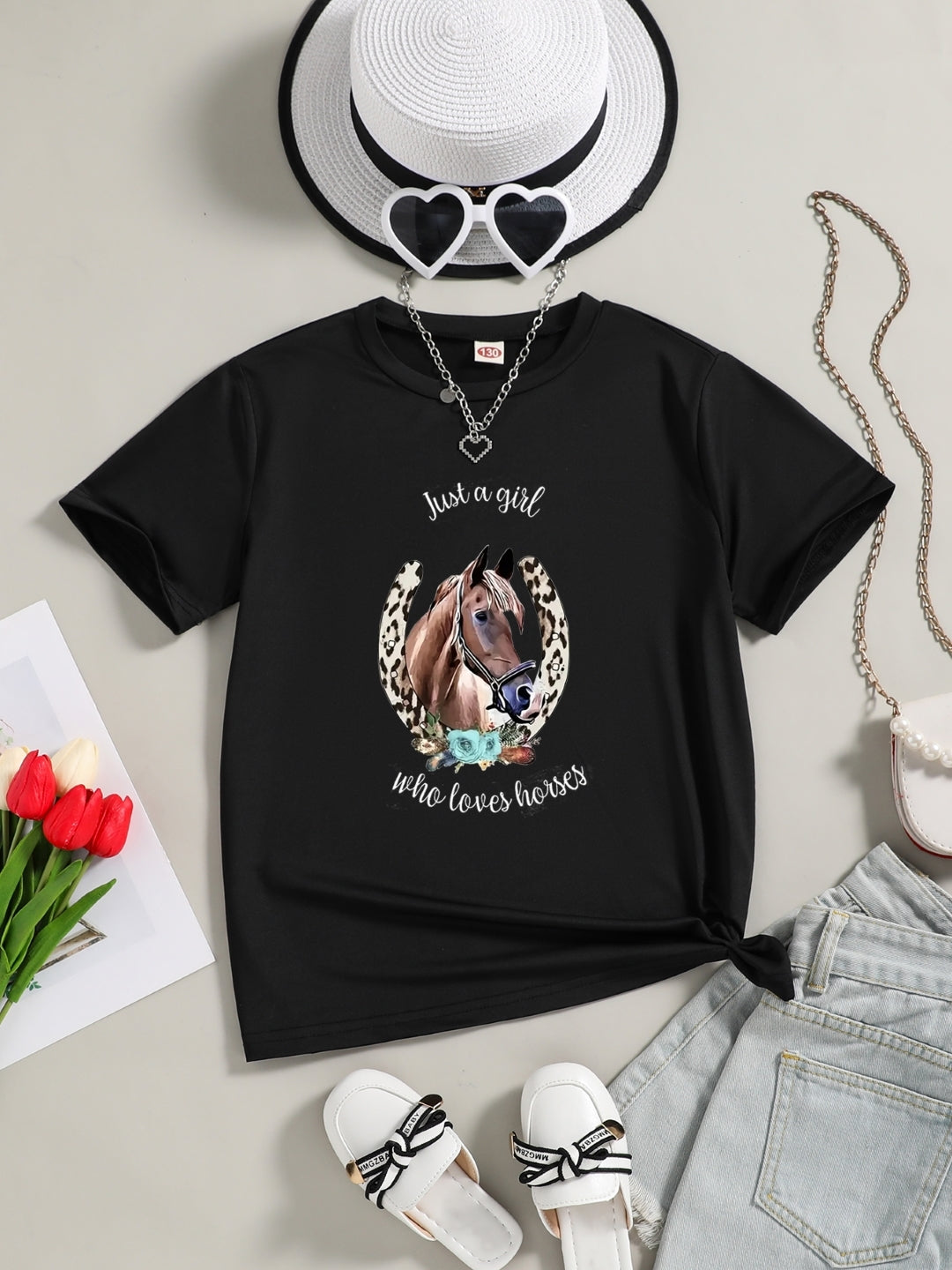 Black Round Neck Graphics Printed Short Sleeves Polyester T-Shirt