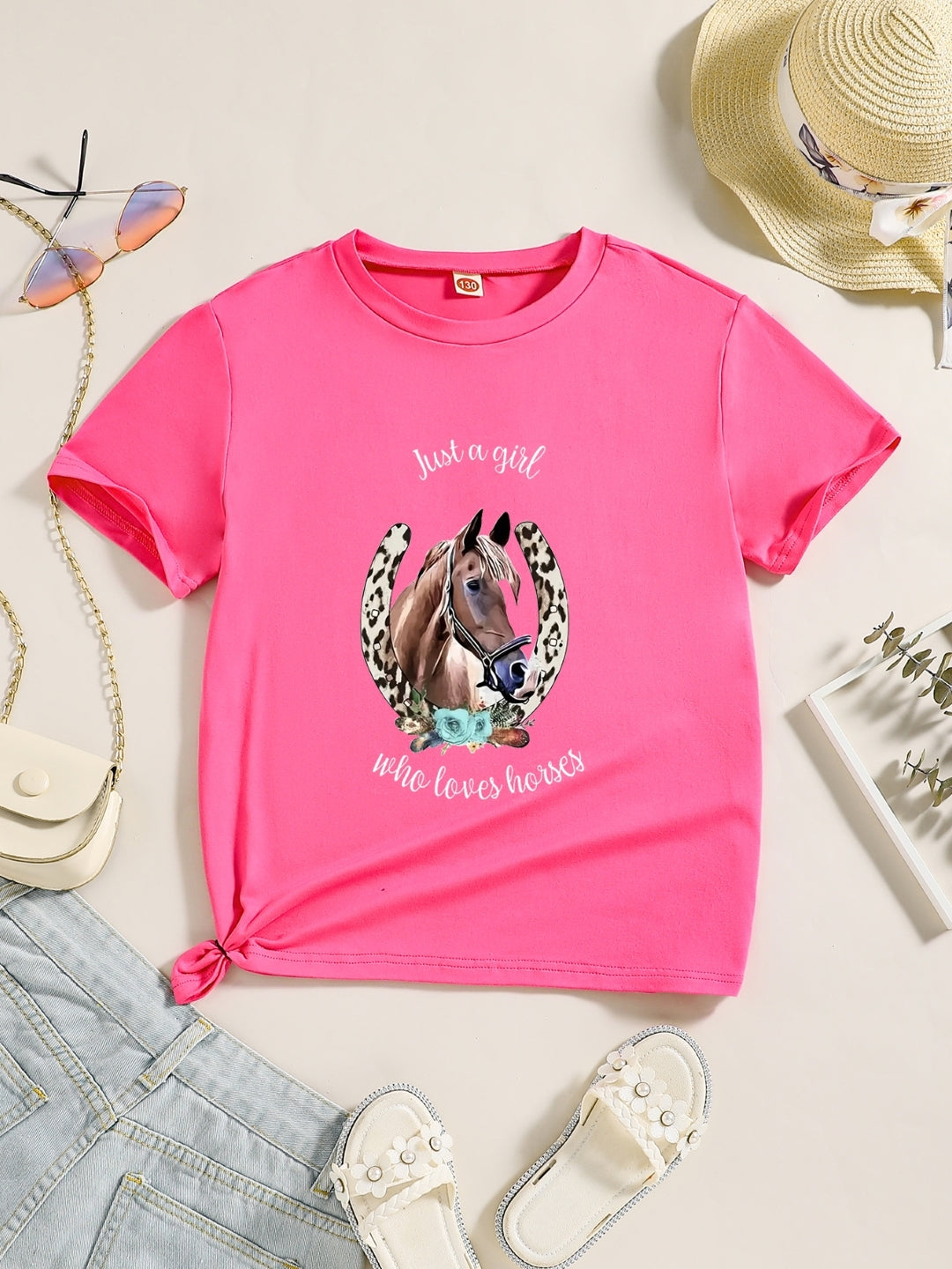 Pink Round Neck Graphics Printed Short Sleeves Polyester T-Shirt